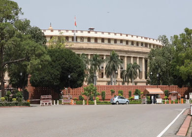 A static shot of the Parliament House in New Delhi, India