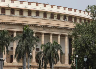 A static shot of the Parliament House in New Delhi, India
