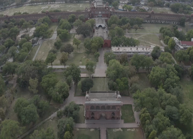An aerial shot of the Red Fort, Lal Qila during COVID-19 Lockdown in New Delhi, India