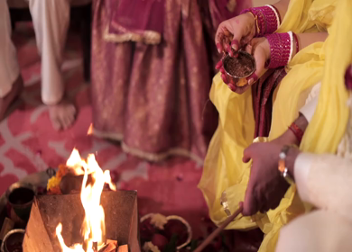 A shot of an Indian Wedding where rituals are being performed at New Delhi, India