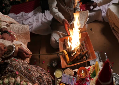 A shot of rituals being performed at an Indian Wedding in India