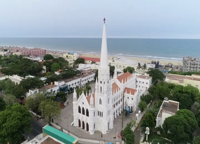 An aerial shot of San Thome Church in Chennai during the COVID-19 lockdown in India