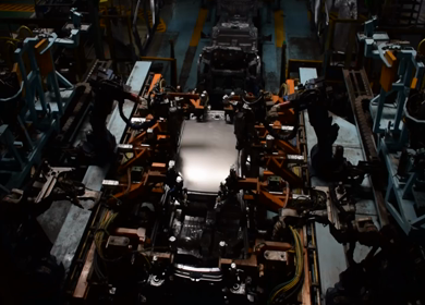 Greater Noida, CIRCA April 2017: Welding being done by Robots in car production plant in india