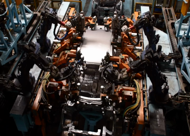 Greater Noida, CIRCA April 2017: Welding being done by Robots in car production plant in india