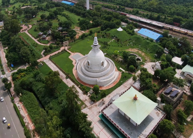 An aerial shot of Shanti Stupa in New Delhi,India