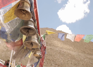 A slow motion shot of the Buddhist prayer bells ringing in Leh Ladakh,India