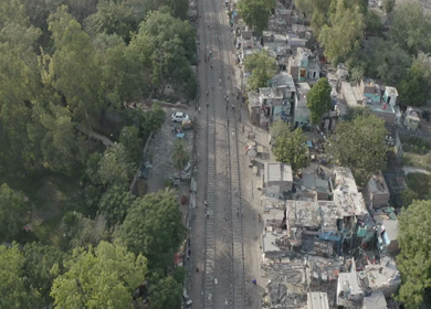 An aerial shot of slums near railway tracks during the COVID-19 lockdown 