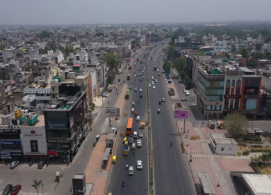 An aerial shot of a busy road at South Extension Market in New Delhi,India