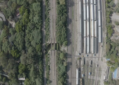 An aerial shot of the trains on standstill position during Covid-19 