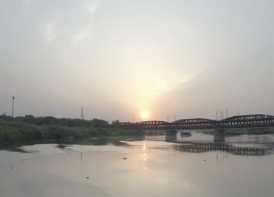An aerial shot of the Loha Pul during Covid-19 Lockdown at New Delhi,India