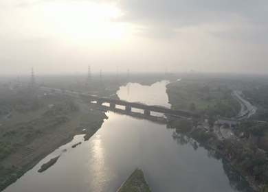 An aerial shot of the Loha Pul during Covid-19 Lockdown at New Delhi,India