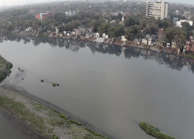 An aerial shot of Yamuna Ghat during Covid-19 Lockdown at New Delhi,India